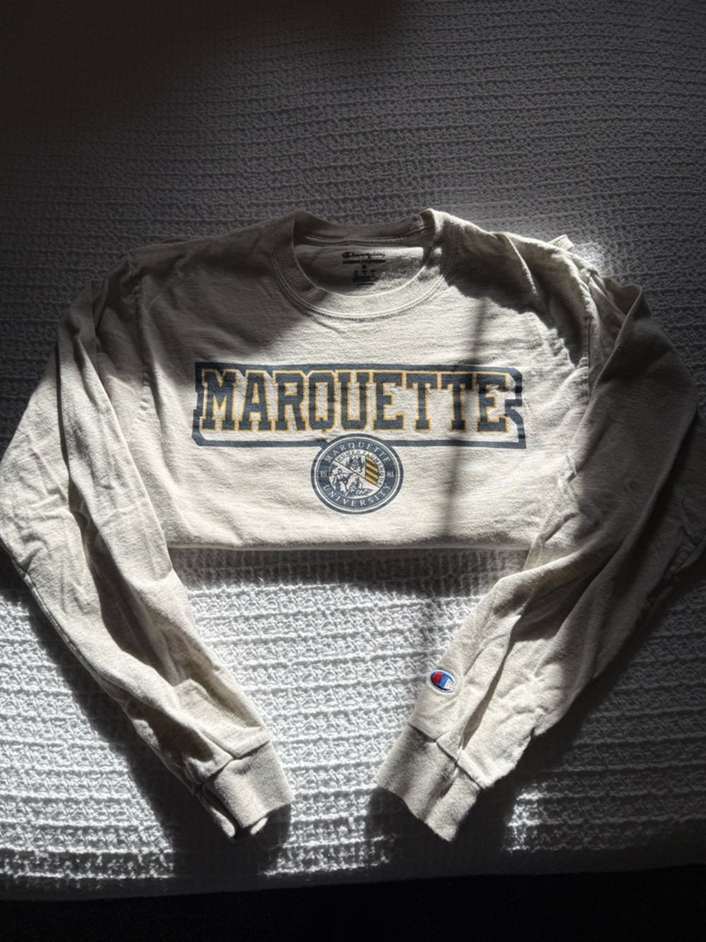 Champion Beige Marquette Crewneck Sweatshirt with Navy & Gold Logo
